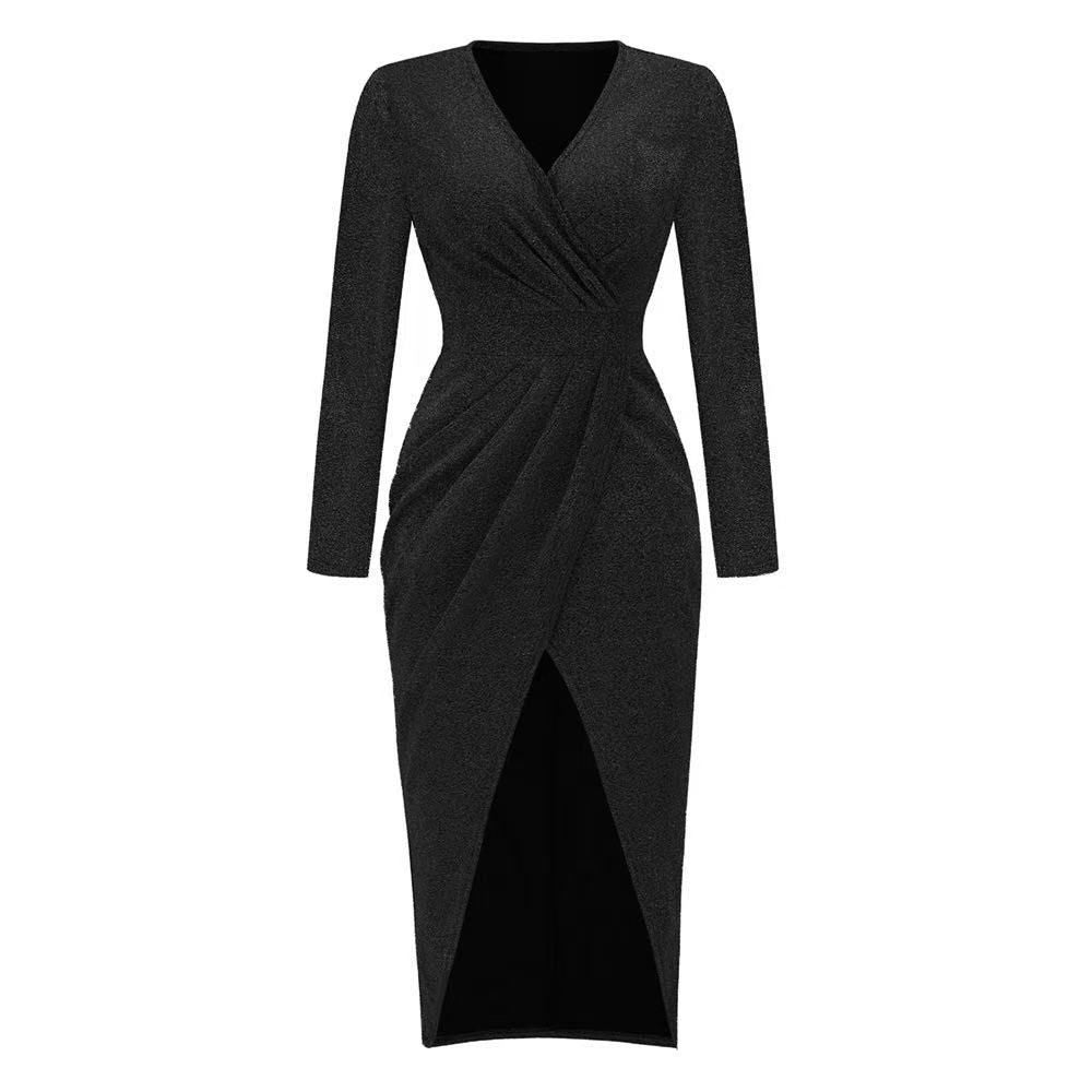 Long Sleeve Dress V-Neck Dress Wrap Maxi Dress Women'S Maxi Dress Evening Dress - Gold - Size XL