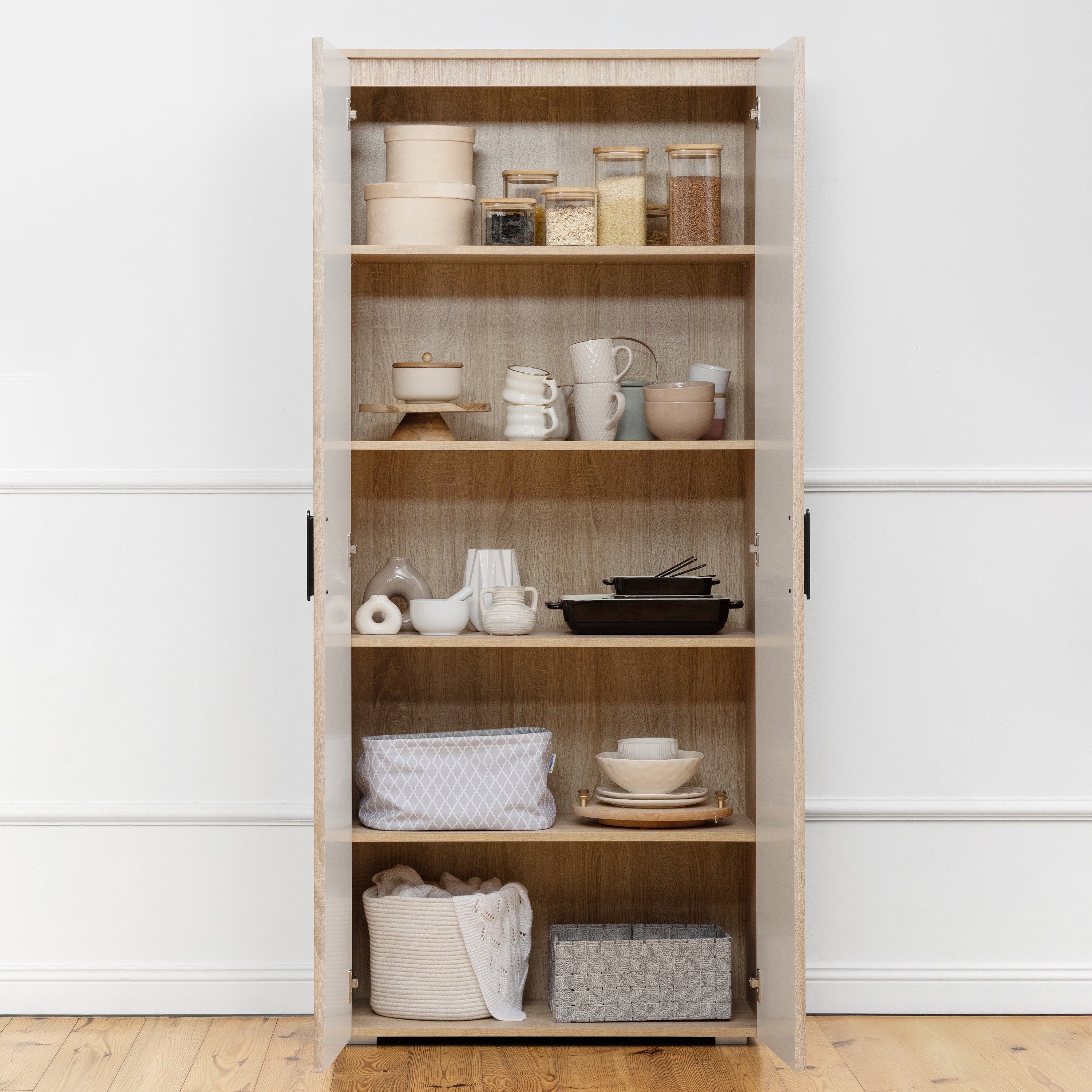 STOCKHOLM STORAGE CUPBOARD SLIM - NATURAL OAK - OVAL BLACK
