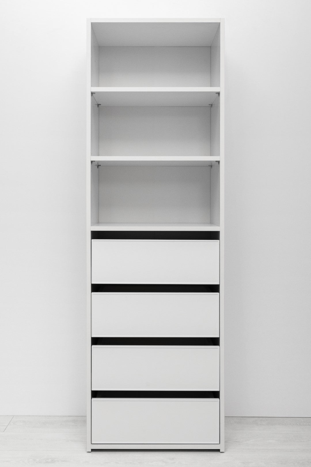 GENEVA THREE SHELF/FOUR DRAWER BUILT IN WARDROBE - SLIM SHAKER - WHITE