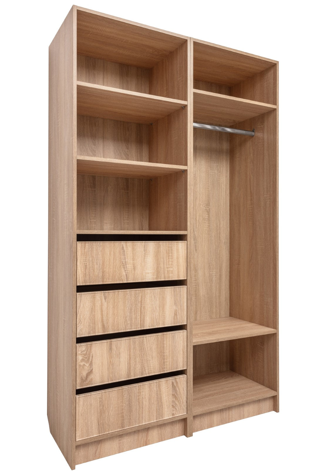MALMO THREE SHELF/FOUR DRAWER WALK IN WARDROBE - SLIM SHAKER - NATURAL OAK