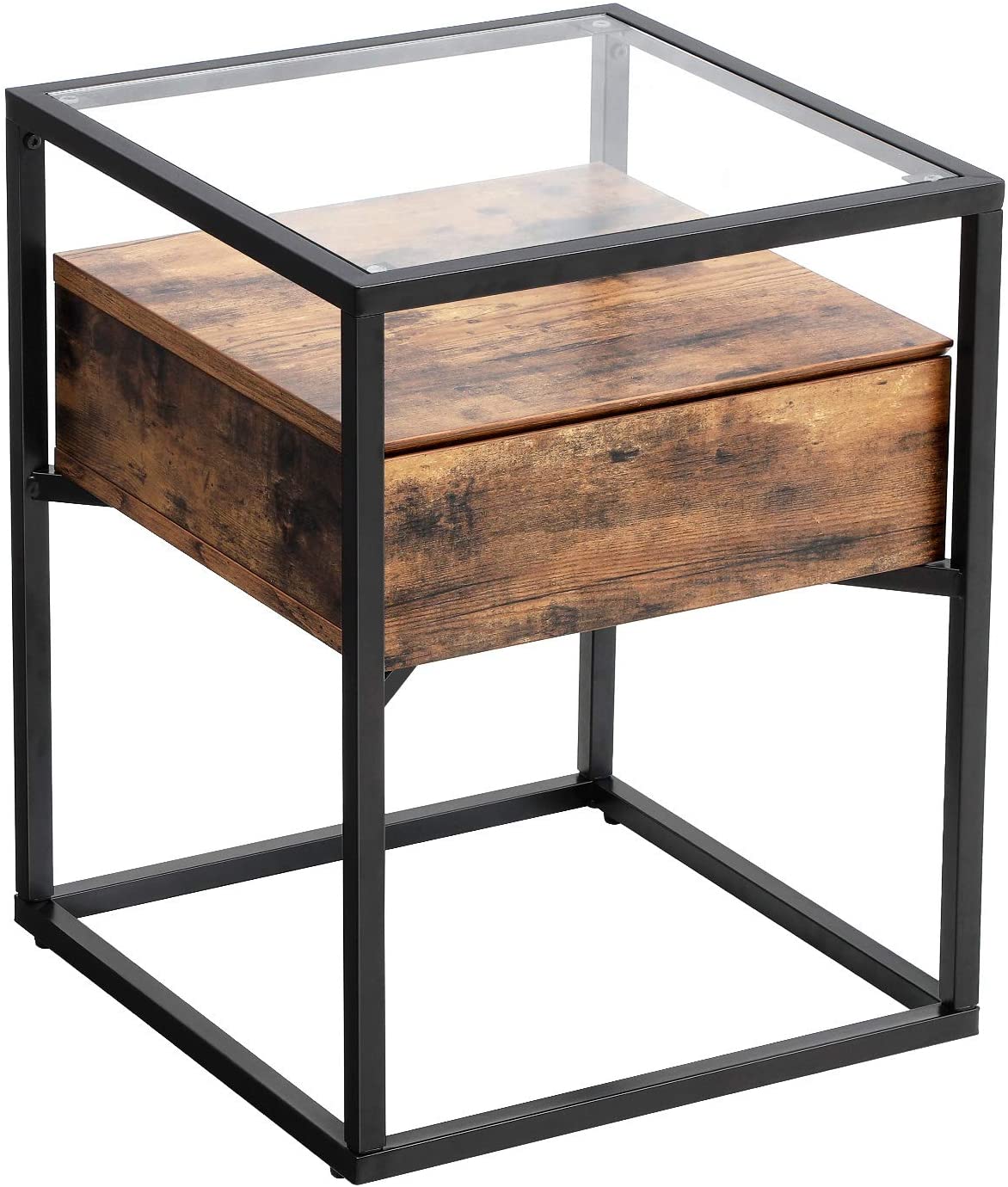 Tempered Glass End Table with Drawer and Rustic Shelf Stable Iron Frame