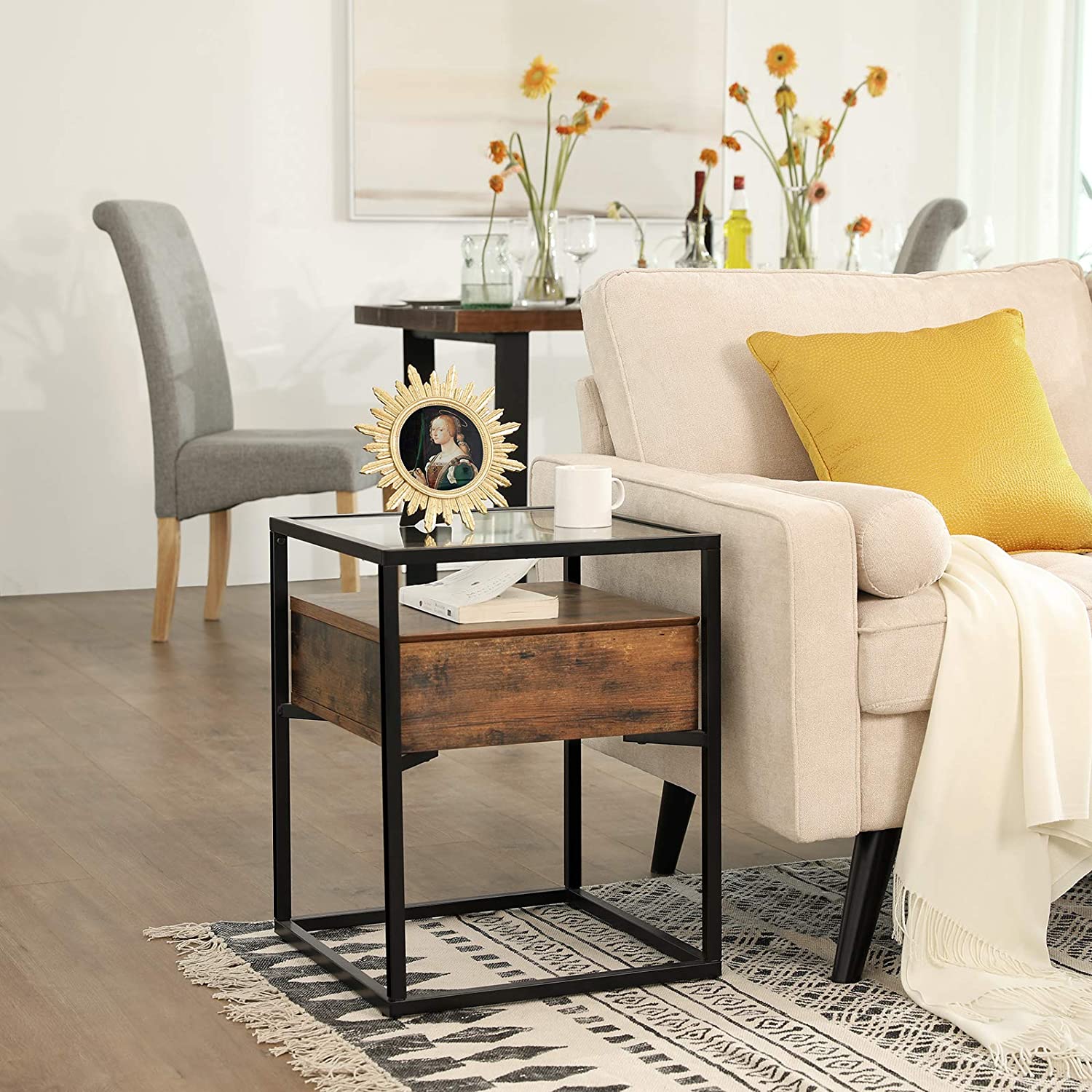 Tempered Glass End Table with Drawer and Rustic Shelf Stable Iron Frame