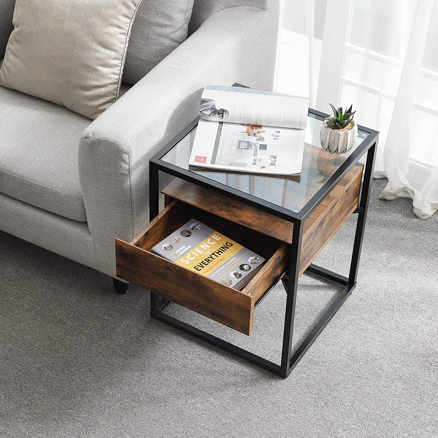 Tempered Glass End Table with Drawer and Rustic Shelf Stable Iron Frame