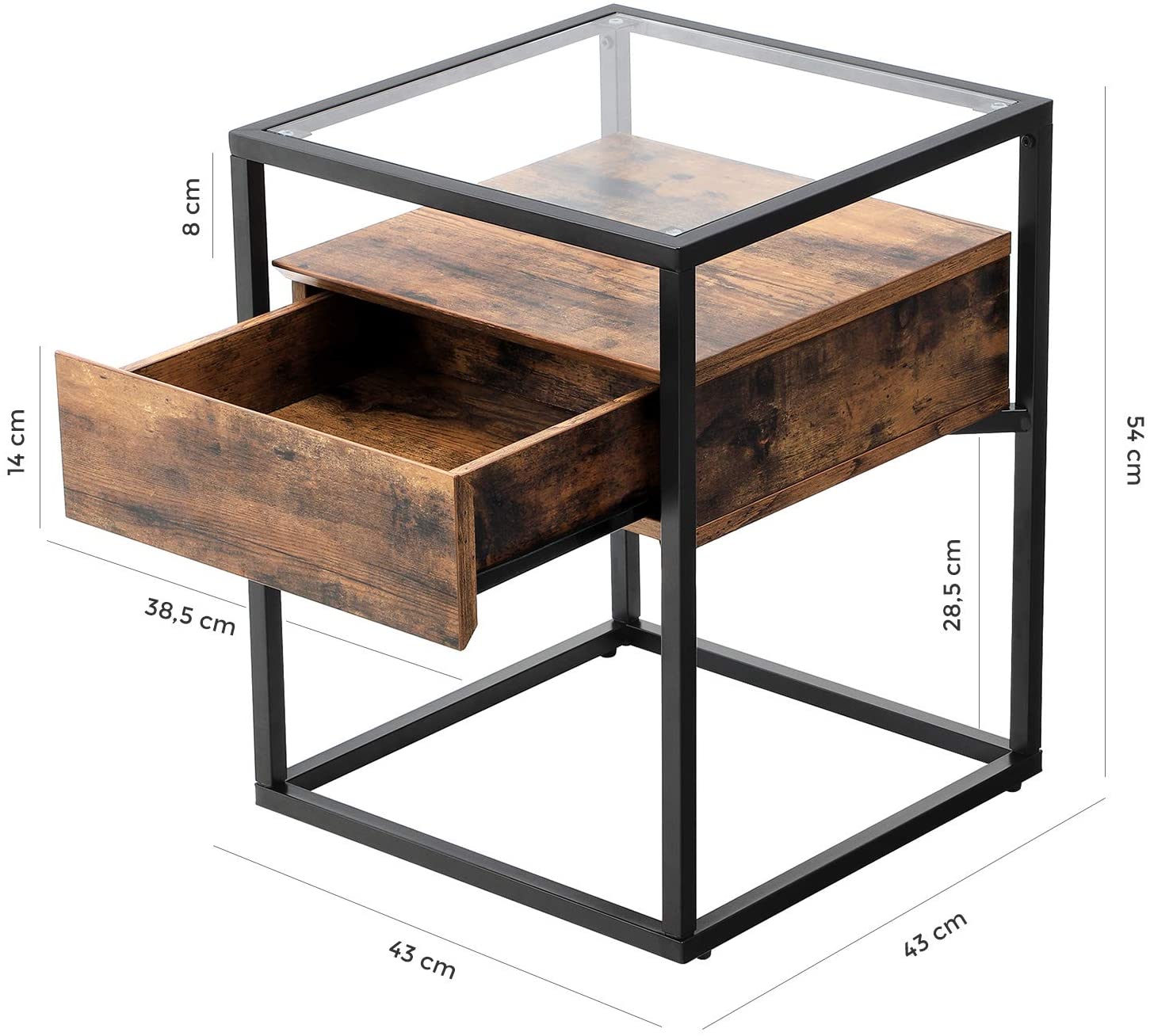 Tempered Glass End Table with Drawer and Rustic Shelf Stable Iron Frame