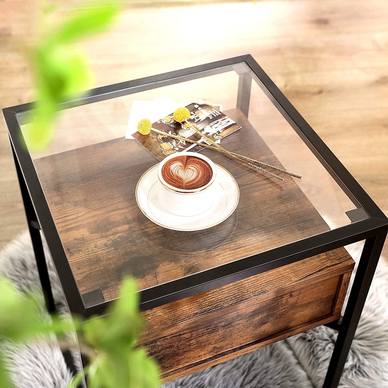 Tempered Glass End Table with Drawer and Rustic Shelf Stable Iron Frame