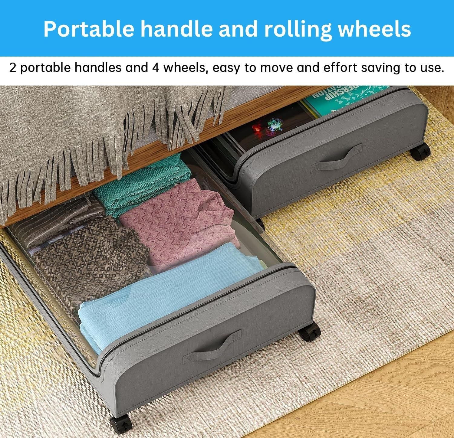 Set 2 Pcs XXL Under Bed Rolling Storage Containers with 50L Large Capacity and Wheels