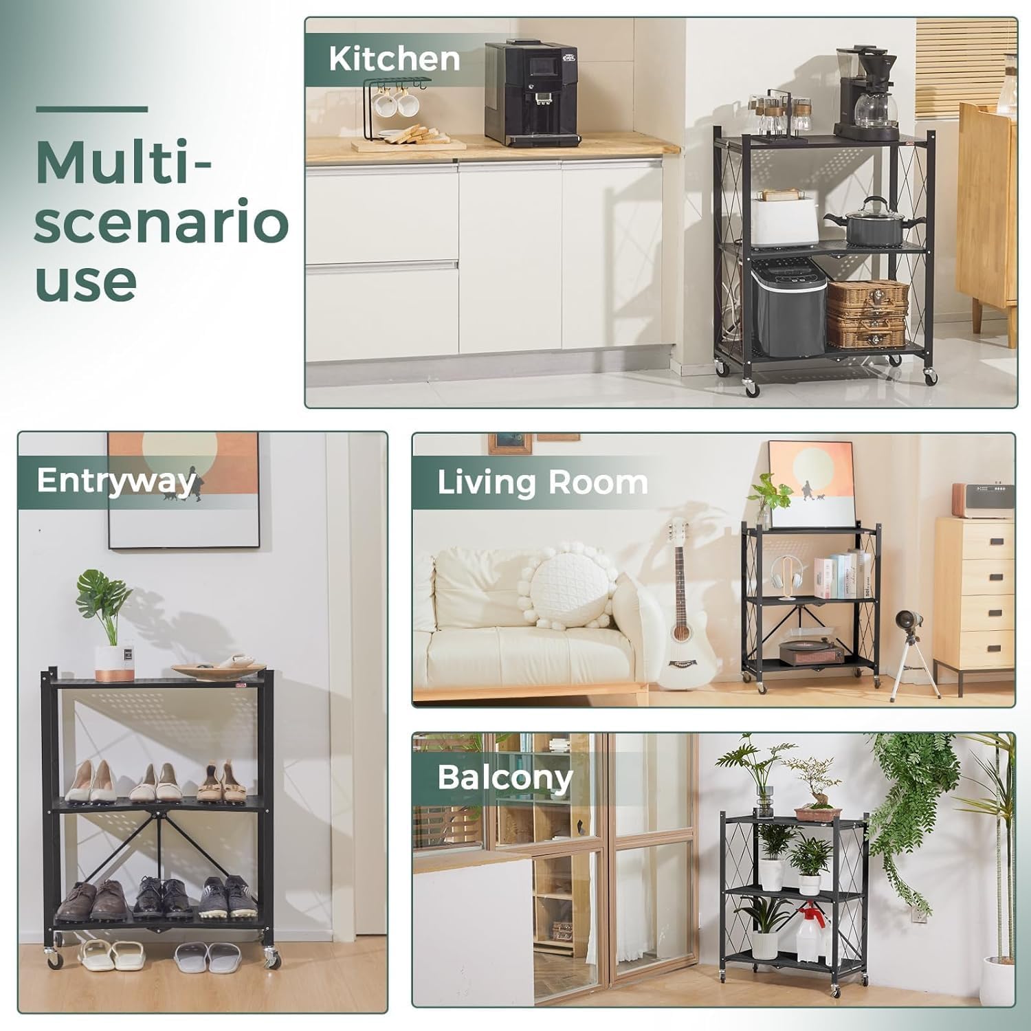 CARLA HOME 4-Tier Foldable Storage Shelf with Wheels for Kitchen, Garage, Pantry or Basement (Black)