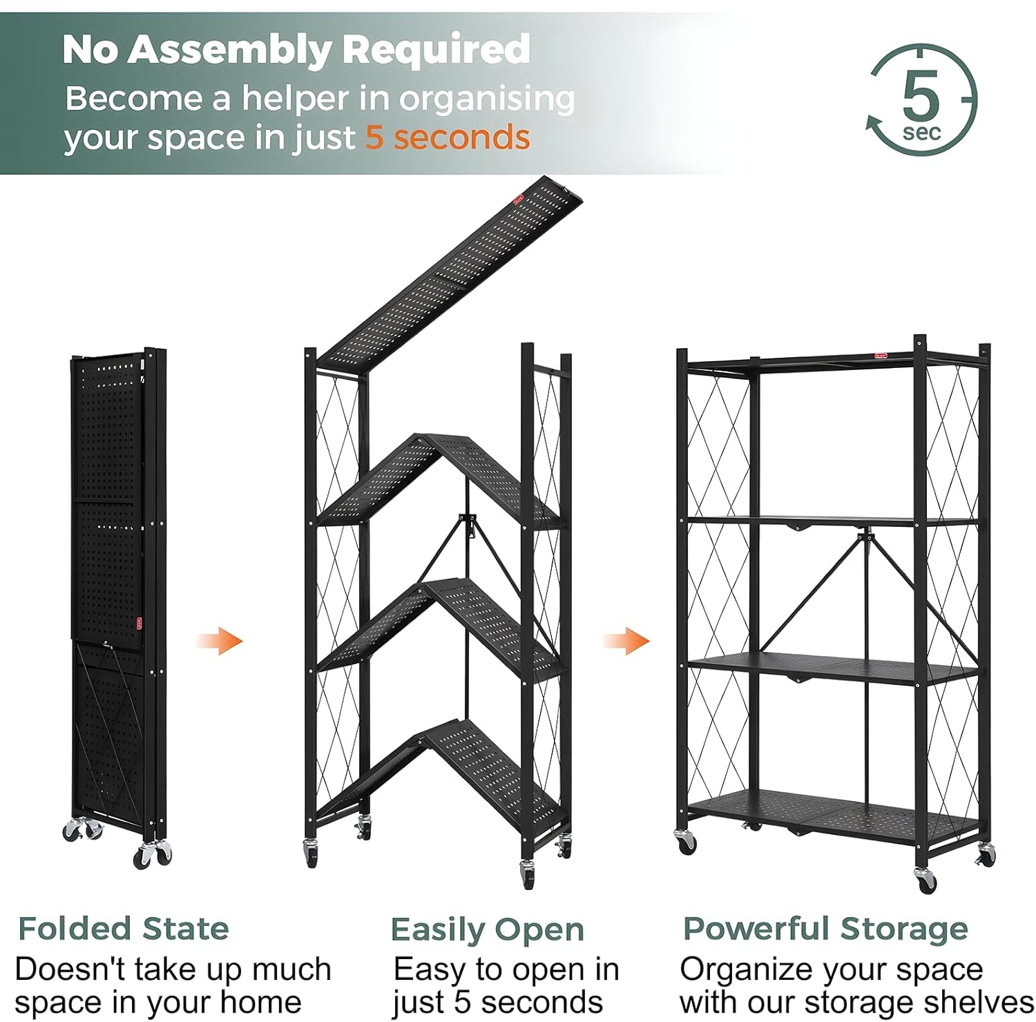 CARLA HOME 4-Tier Foldable Storage Shelf with Wheels for Kitchen, Garage, Pantry or Basement (Black)