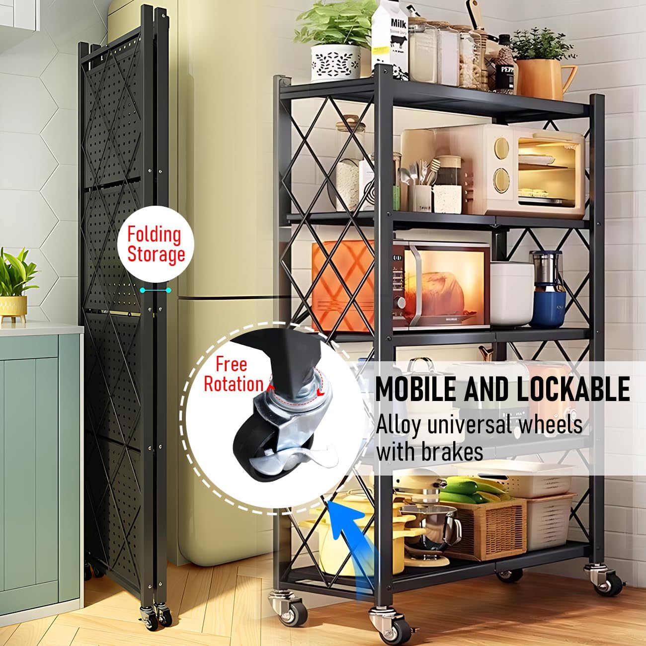 CARLA HOME 5-Tier Foldable Storage Shelf with Wheels for Kitchen, Garage, Pantry or Basement (Black)