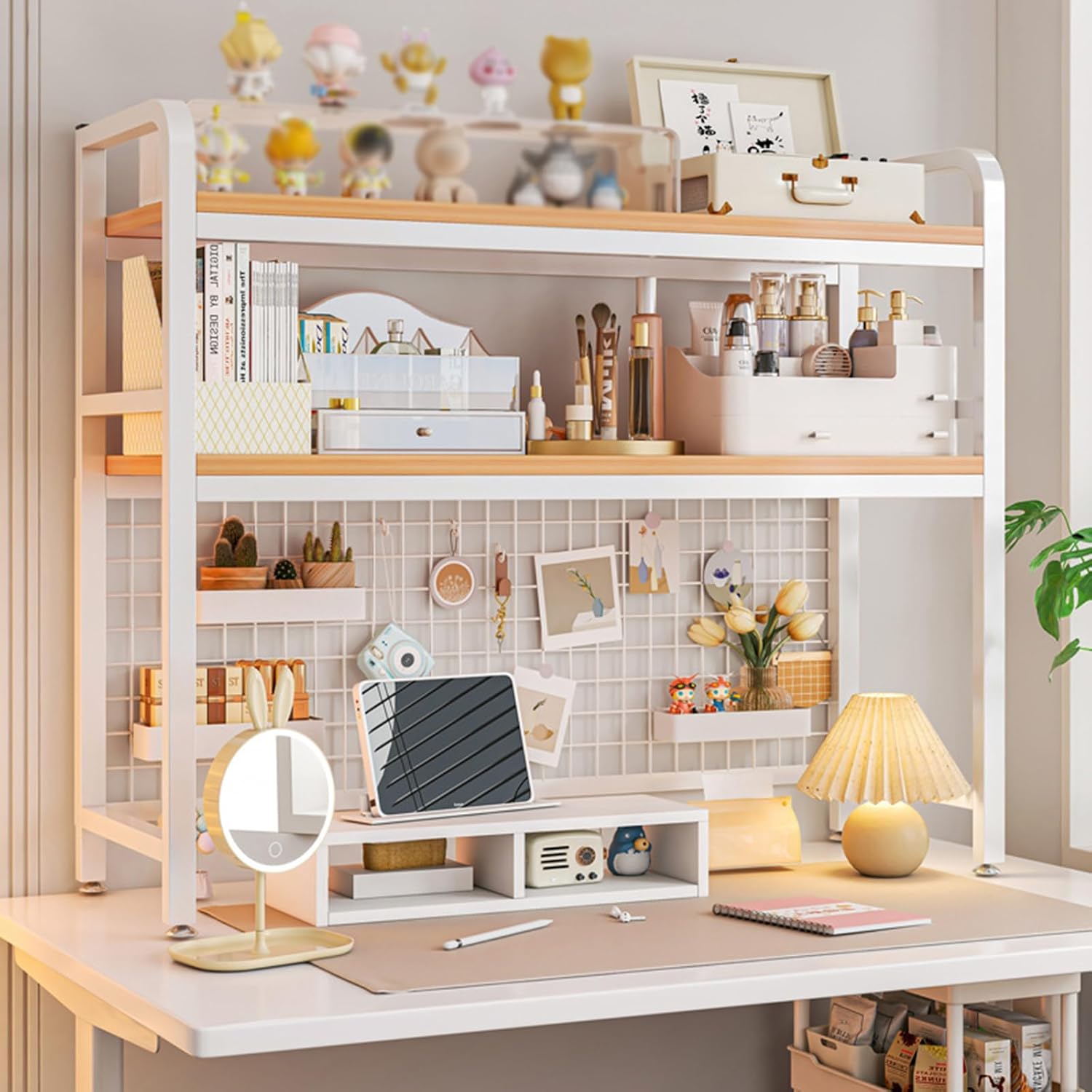 CARLA HOME 2-Tier Metal Desktop Hutch Bookshelf with Grid Panel for Computer Desk and Office Countertop