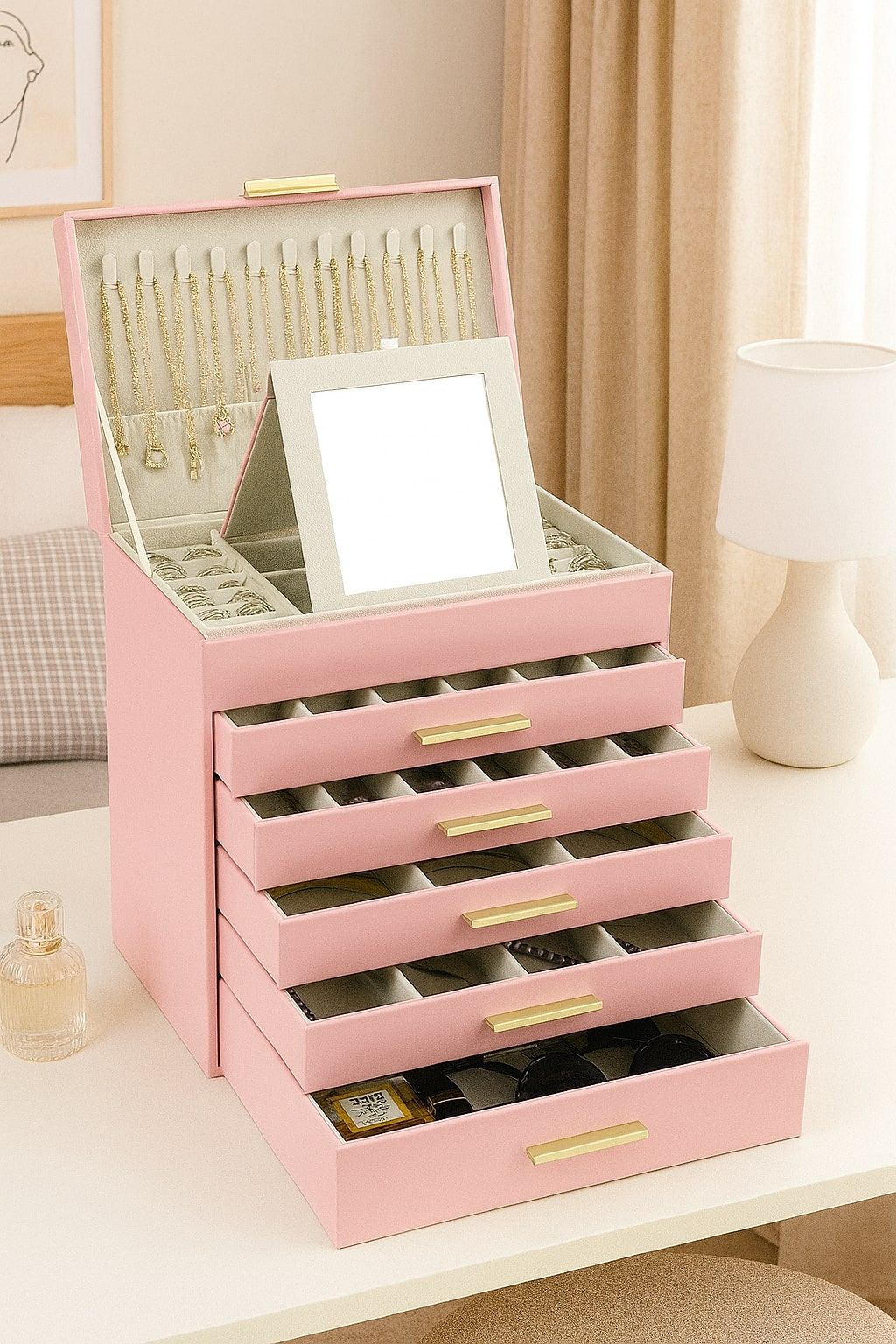 CARLA HOME 6-Layer Large Jewelry Organizer Box for Women with Mirror, Drawers, Hooks & Dividers for Rings, Necklaces, Bracelets, Ideal Gift for Women (Pink)