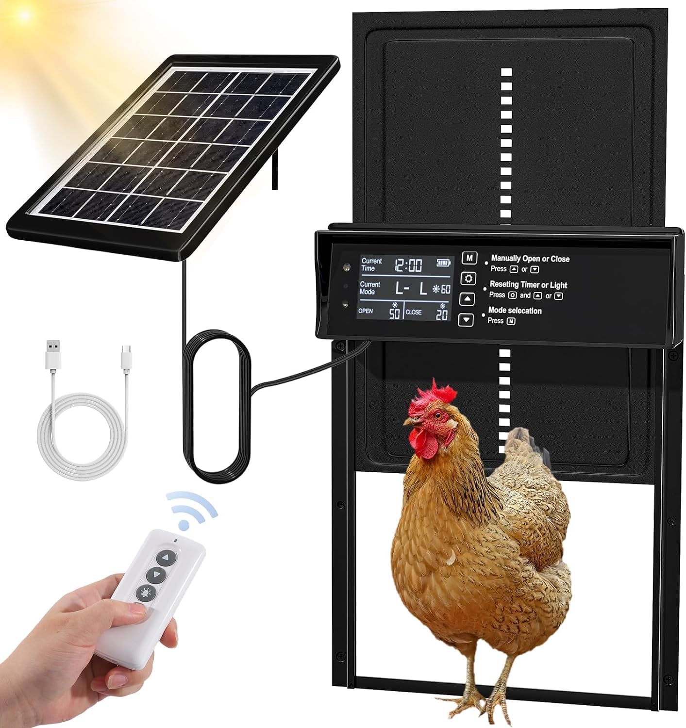 CARLA HOME Automatic Chicken Coop Door Solar Powered with 4 Mode Timer & Light Sensor, Anti-Pinch & USB Charging Port