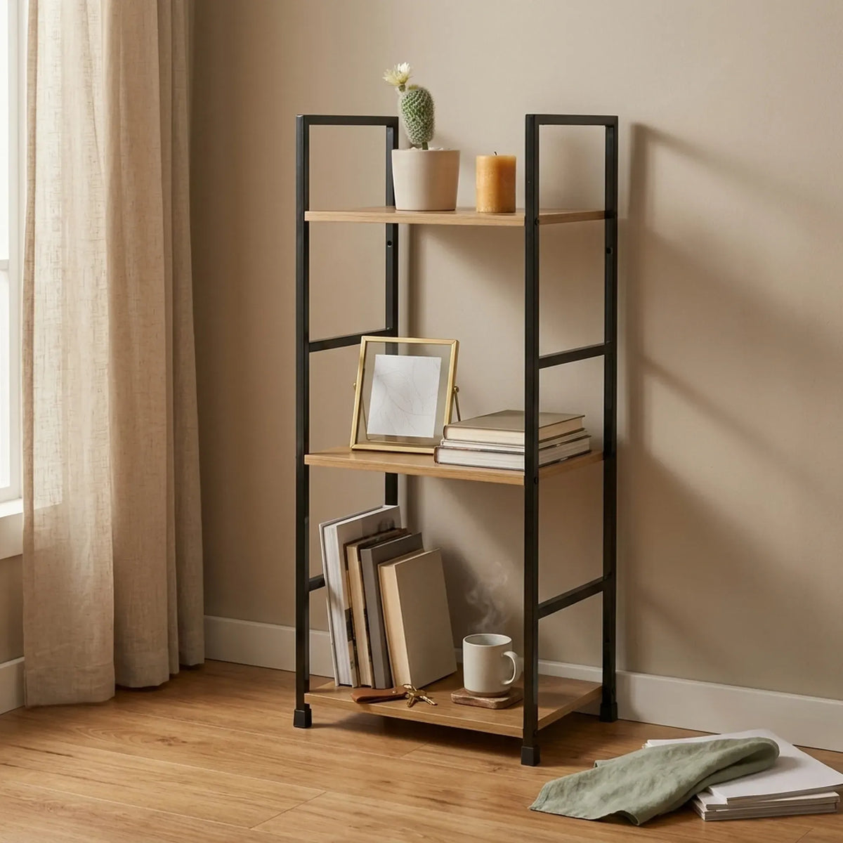CARLA HOME 3 Tier Bookshelf - Wood Metal Display Shelf - Brown - Rustic - Steel - Living Room Office