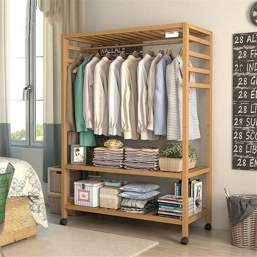 3-Tier Wooden Clothes Rack Rolling Garment Stand w/ Hooks