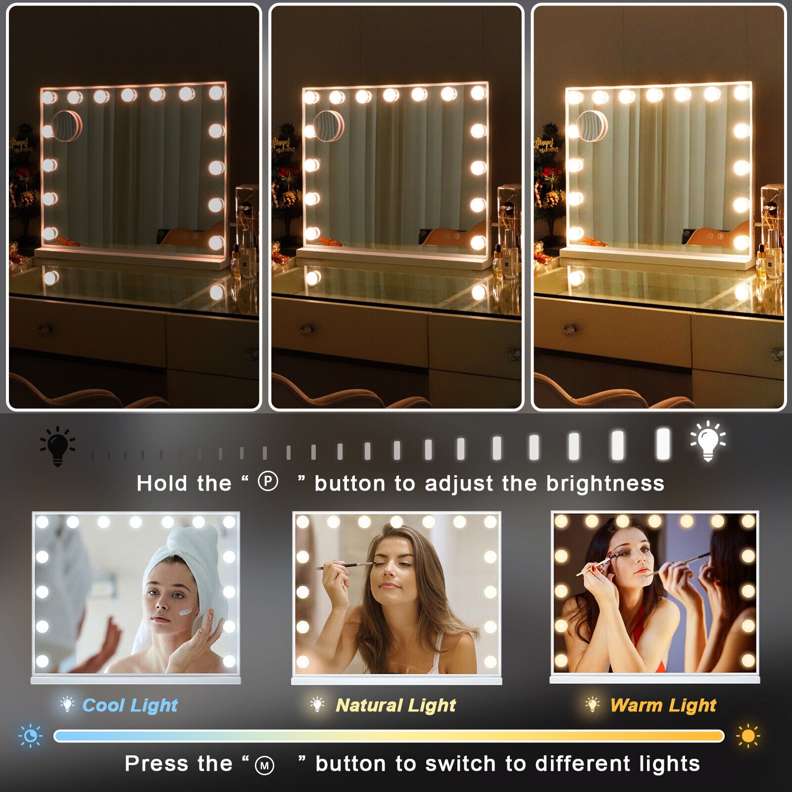 Hollywood LED Vanity Mirror Rectangle White Silver Wall Mirror