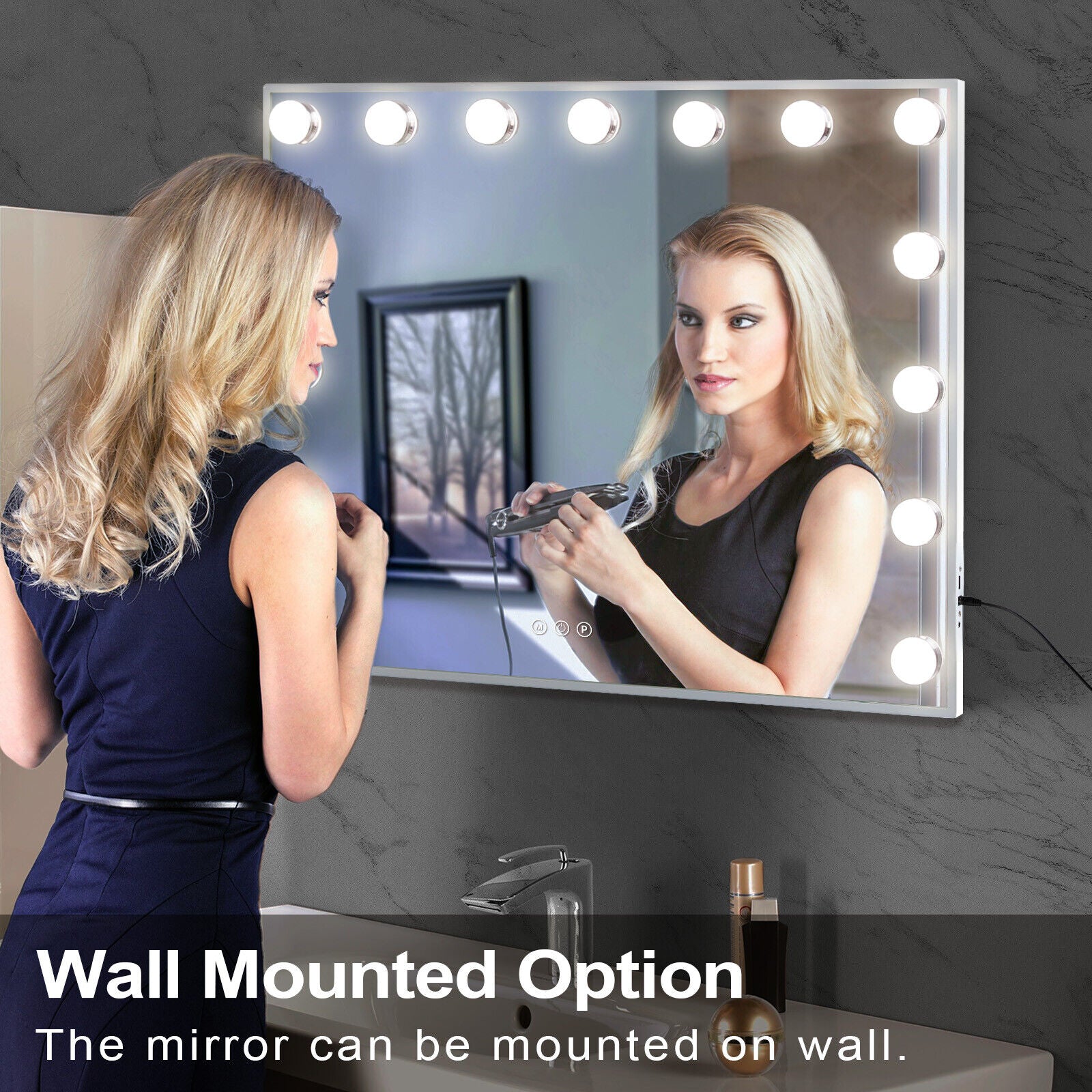 Hollywood LED Vanity Mirror Rectangle White Silver Wall Mirror