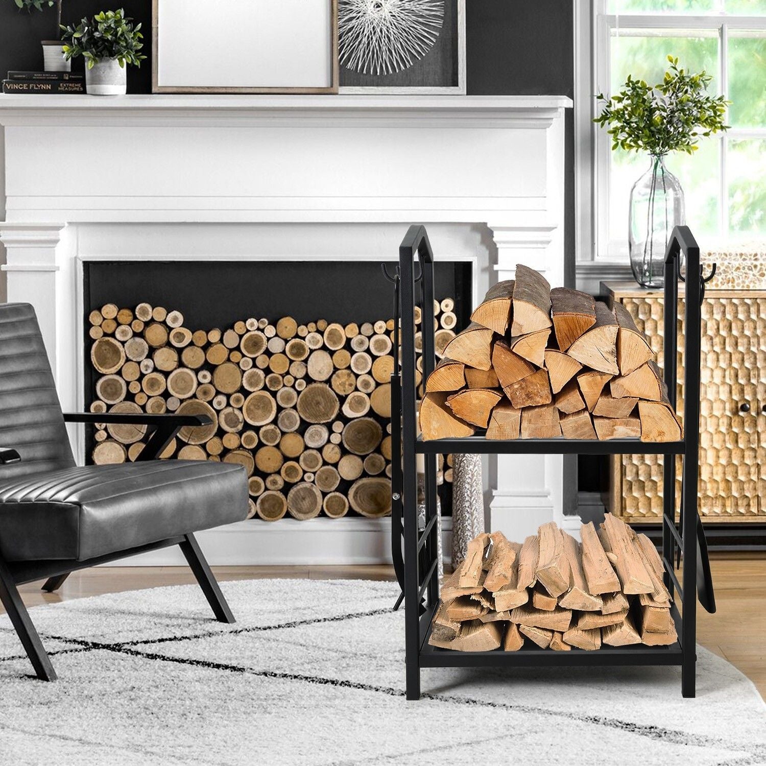 Steel Firewood Rack with Tools, Large Log Holder, 30cm Depth