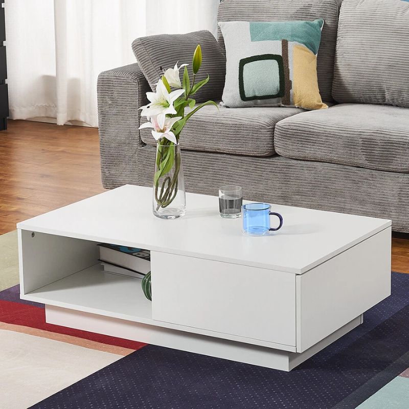 LED High Gloss Top White Coffee Table With Single Drawer