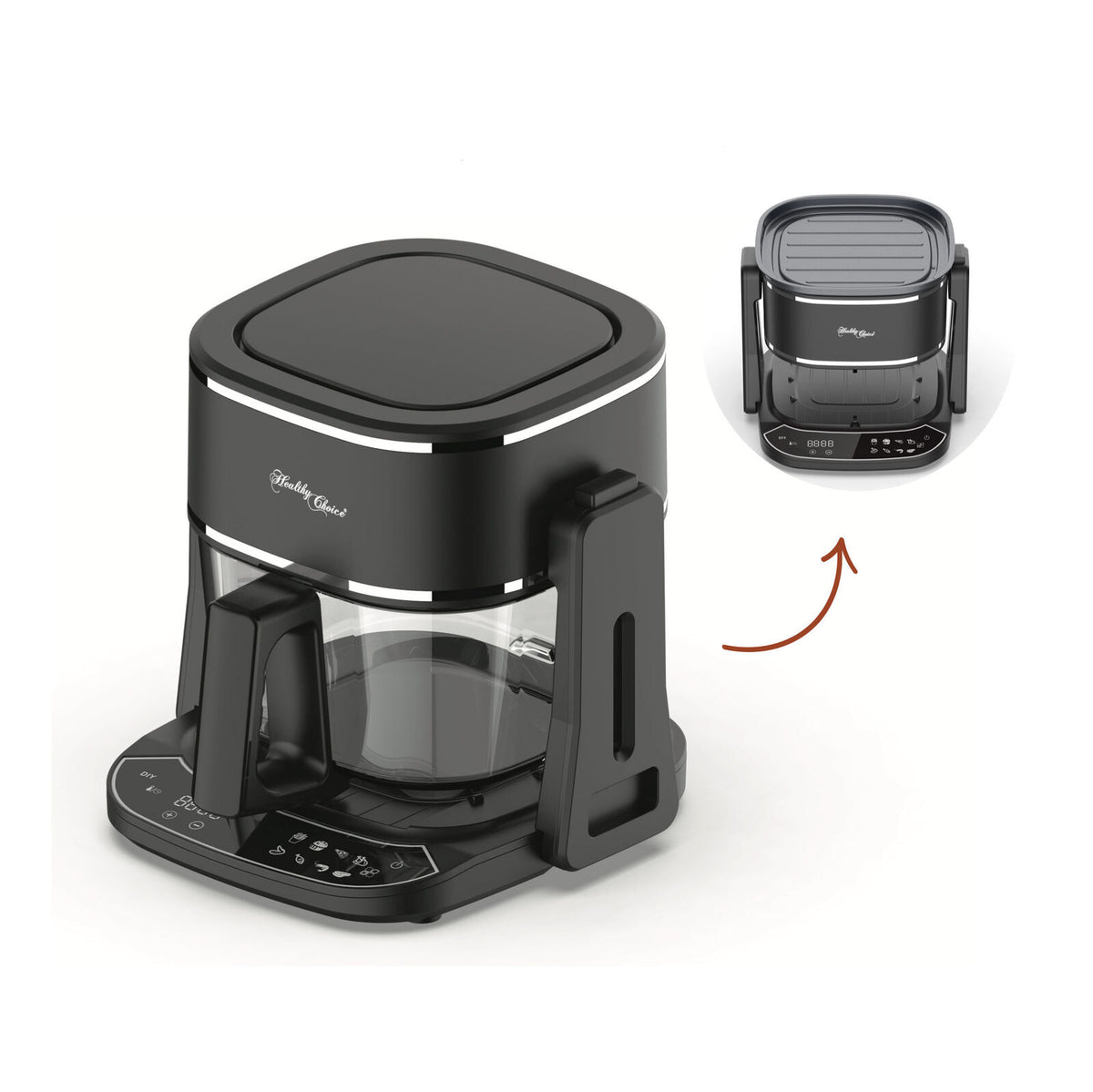 5L 2in1 Air Fryer and Grill, 1400W, Digital Touch Control, Clear Glass Cooking Basket