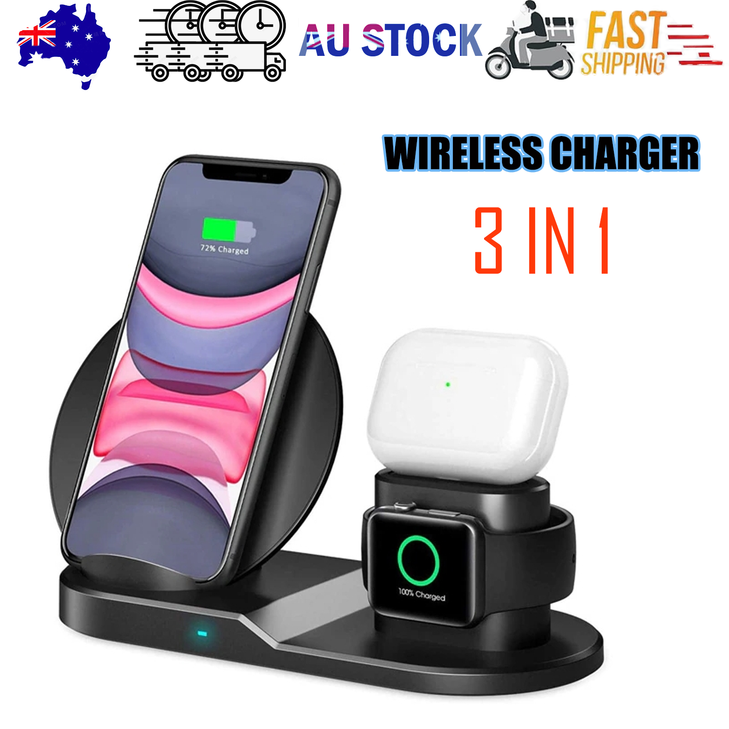 N30 3 in 1 Wireless Charger Qi Fast Charger Stand for iPhone/Samsung/Airpods/Apple Watch-Black