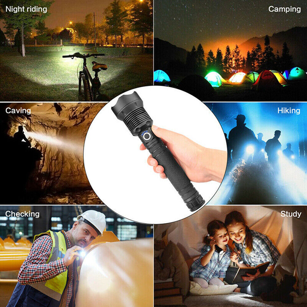 99000LM Ultra Bright LED Tactical Flashlight 3-Modes Zoom Torch USB Charging