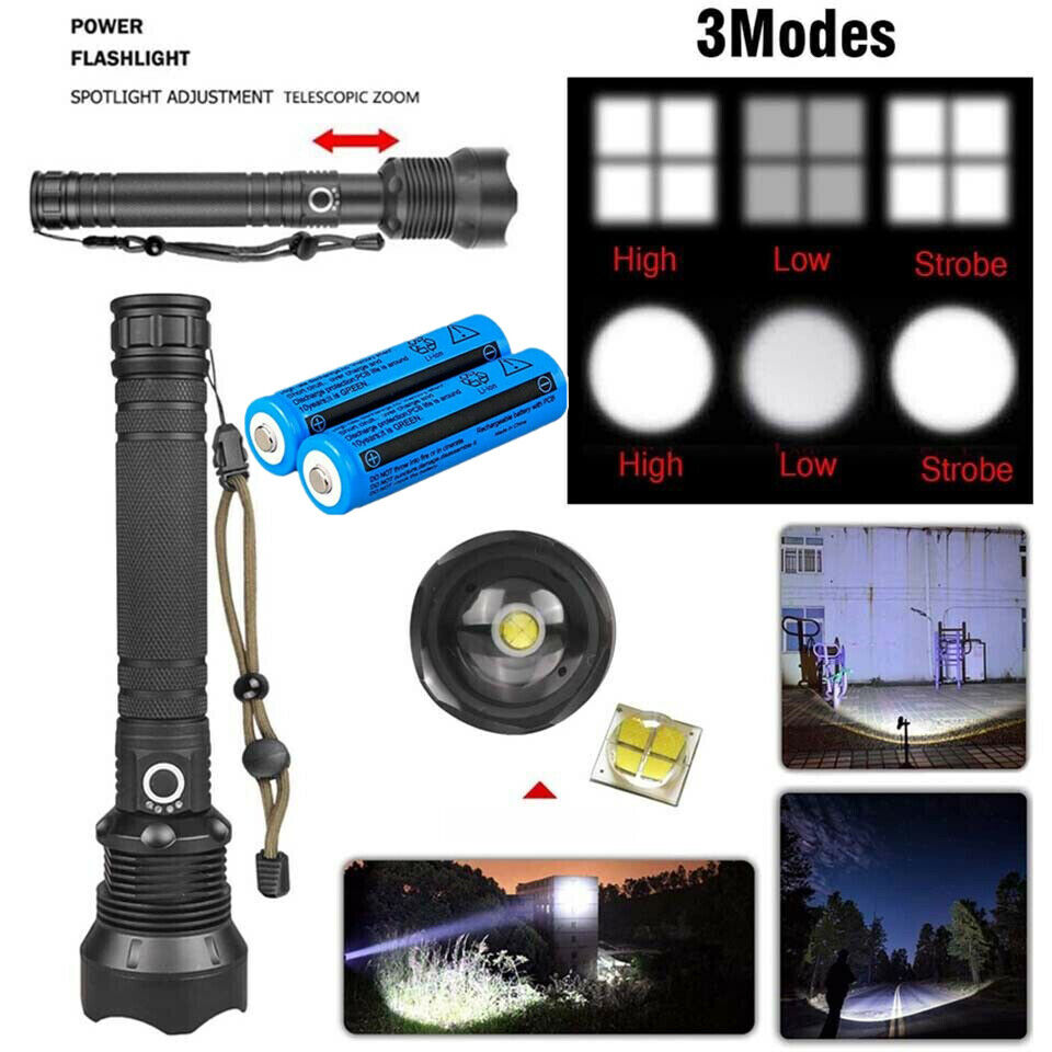 99000LM Ultra Bright LED Tactical Flashlight 3-Modes Zoom Torch USB Charging