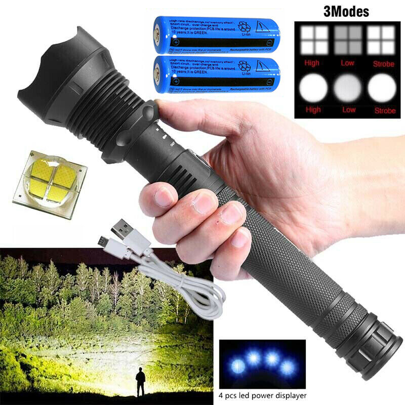 99000LM Ultra Bright LED Tactical Flashlight 3-Modes Zoom Torch USB Charging