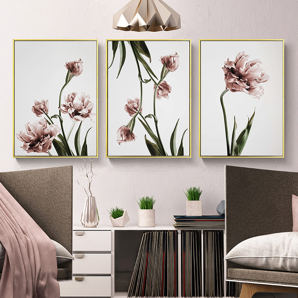 Wall Art 70cmx100cm Tulip Flower 3 Sets Gold Frame Canvas