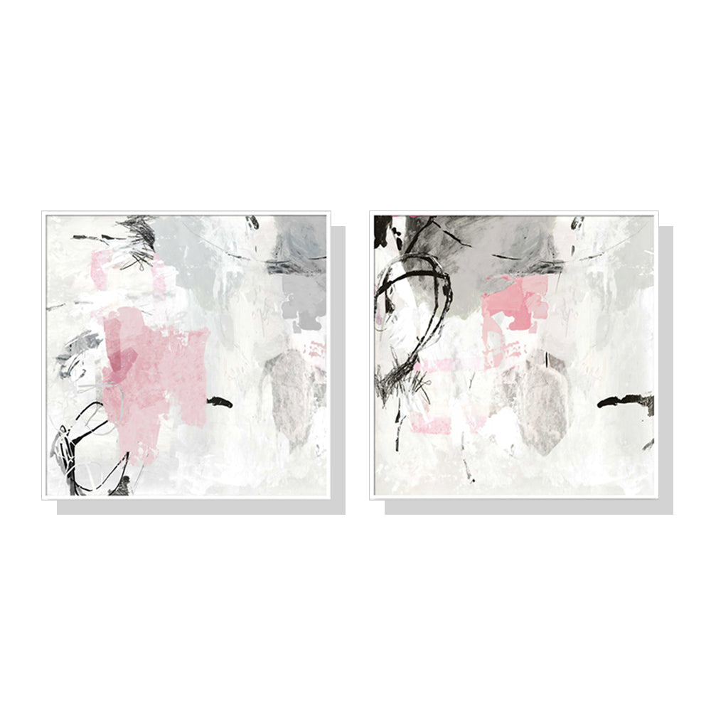 Wall Art 100cmx100cm Abstract Pink Grey 2 Sets White Frame Canvas
