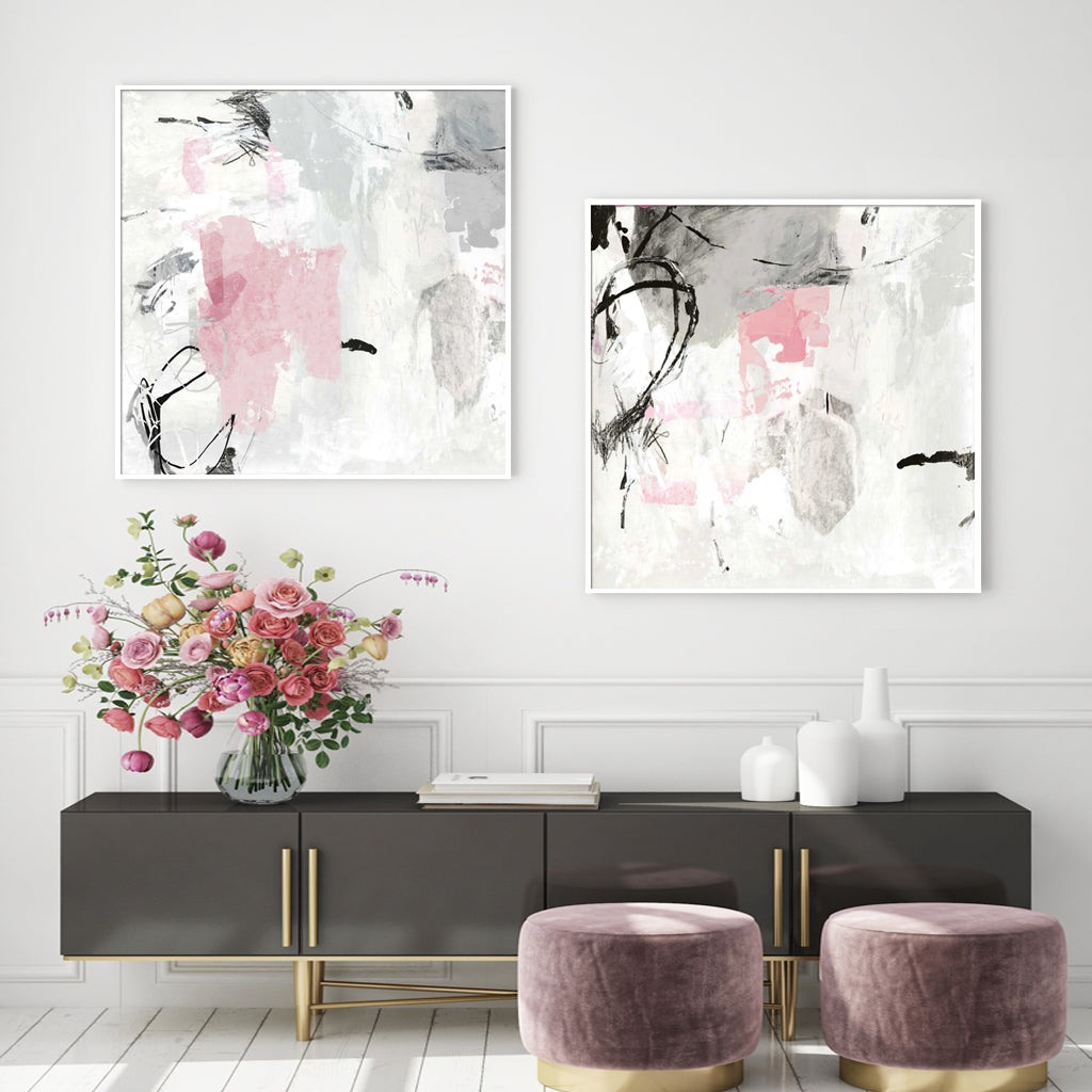 Wall Art 100cmx100cm Abstract Pink Grey 2 Sets White Frame Canvas