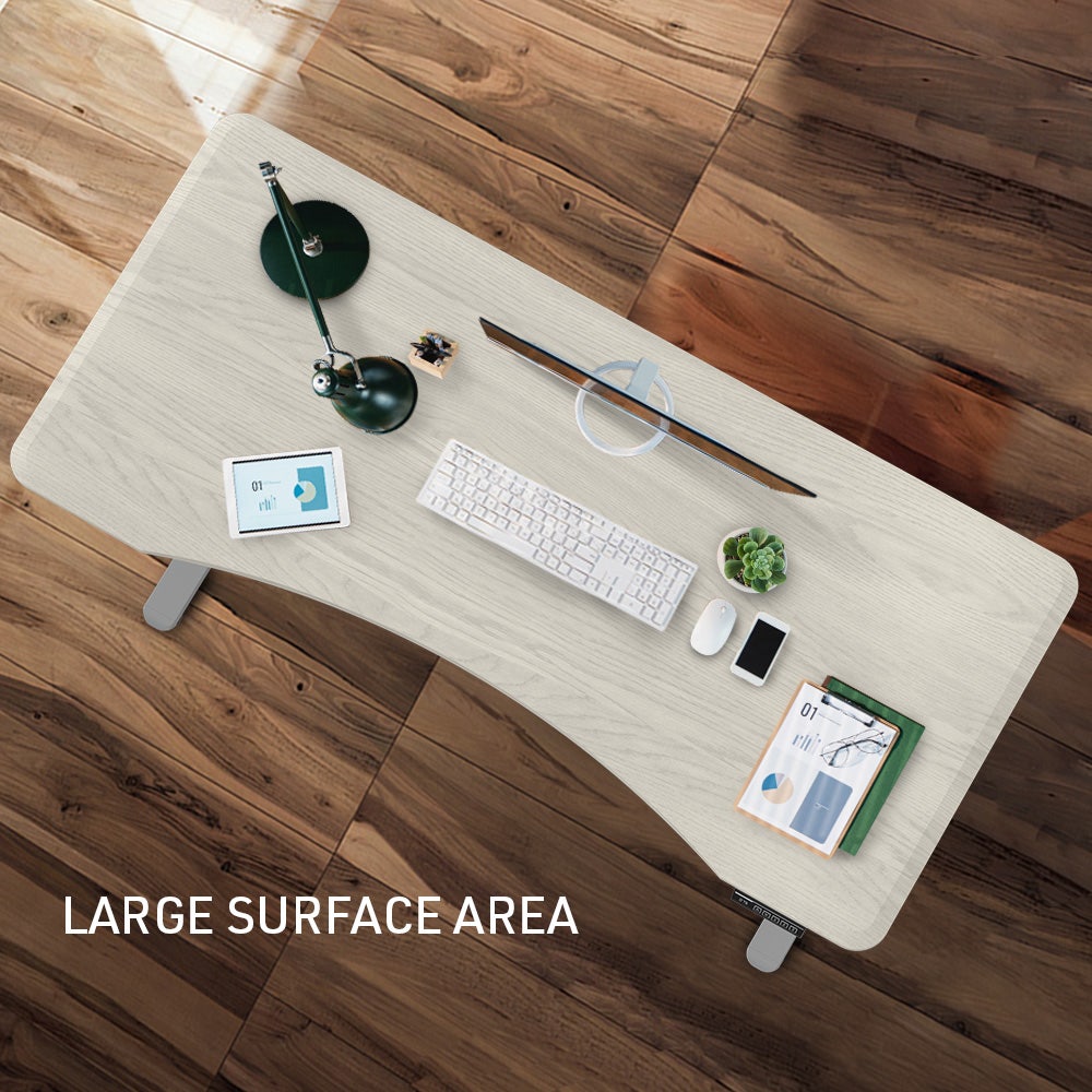 FORTIA Sit To Stand Up Standing Desk, 150x68cm, 72-118cm Electric Height Adjustable, Ergonomically Curved Edge, 50kg Rated, White Oak Style/Silver Frame