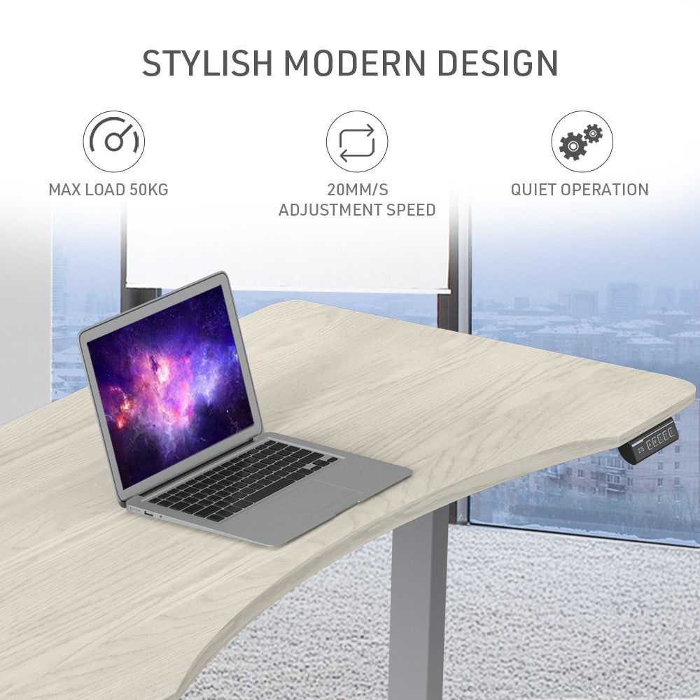 FORTIA Sit To Stand Up Standing Desk, 150x68cm, 72-118cm Electric Height Adjustable, Ergonomically Curved Edge, 50kg Rated, White Oak Style/Silver Frame