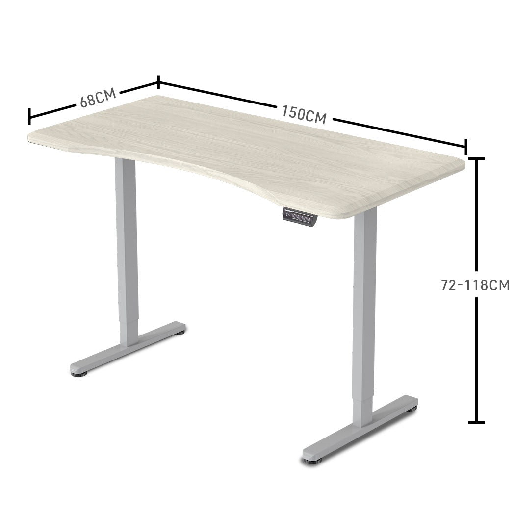 FORTIA Sit To Stand Up Standing Desk, 150x68cm, 72-118cm Electric Height Adjustable, Ergonomically Curved Edge, 50kg Rated, White Oak Style/Silver Frame