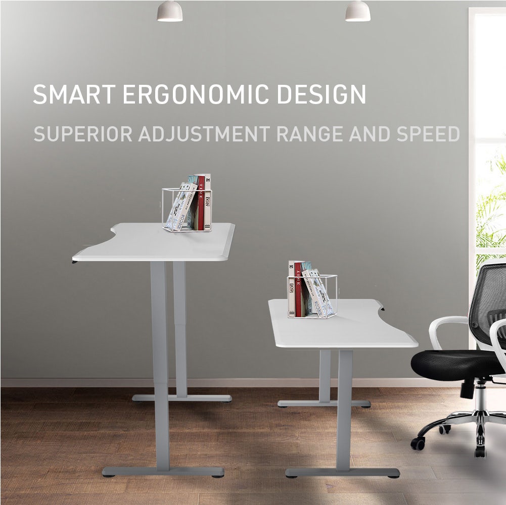 FORTIA Sit To Stand Up Standing Desk, 150x68cm, 72-118cm Electric Height Adjustable, Ergonomically Curved Edge, 50kg Rated, White/Silver Frame