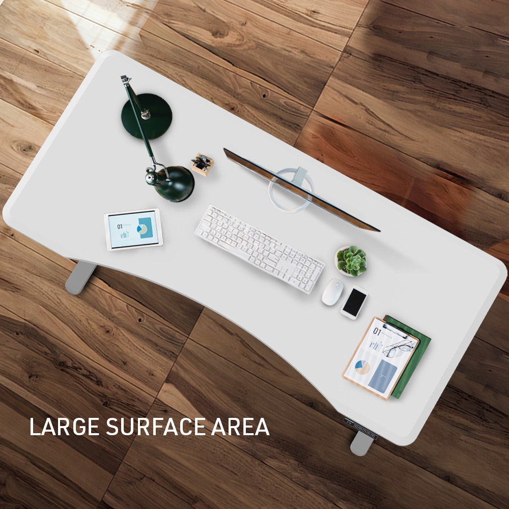 FORTIA Sit To Stand Up Standing Desk, 150x68cm, 72-118cm Electric Height Adjustable, Ergonomically Curved Edge, 50kg Rated, White/Silver Frame