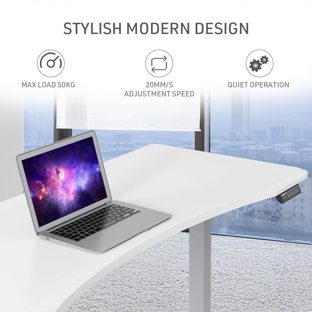 FORTIA Sit To Stand Up Standing Desk, 150x68cm, 72-118cm Electric Height Adjustable, Ergonomically Curved Edge, 50kg Rated, White/Silver Frame