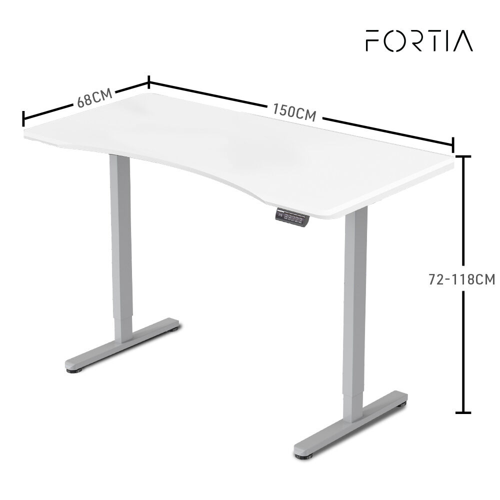 FORTIA Sit To Stand Up Standing Desk, 150x68cm, 72-118cm Electric Height Adjustable, Ergonomically Curved Edge, 50kg Rated, White/Silver Frame