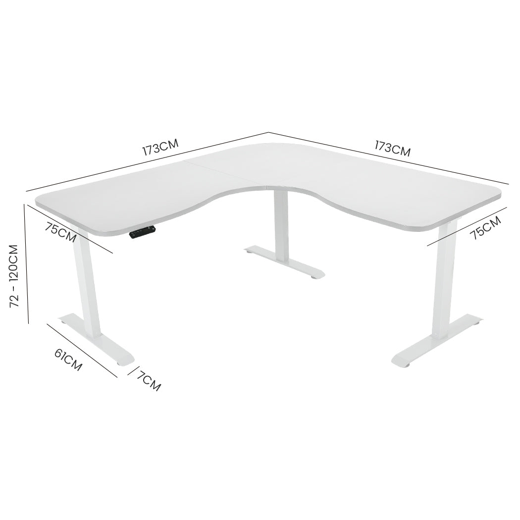 FORTIA 173W x 173W x 75D 3-Motor 120kg Load Adjustable Electric Sit to Stand Up Corner Desk - White/White Frame