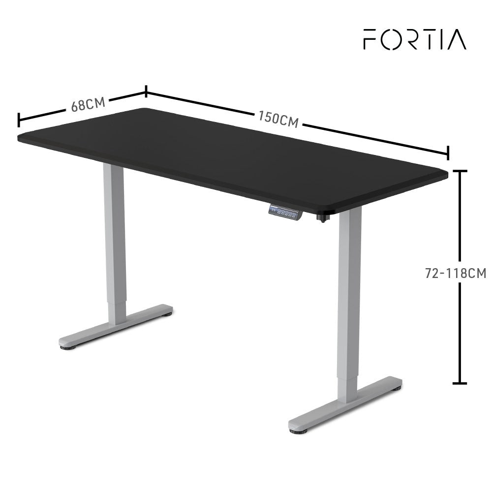 FORTIA Sit To Stand Up Standing Desk, 150x68cm, 72-118cm Electric Height Adjustable, 50kg Rated, Black/Silver Frame