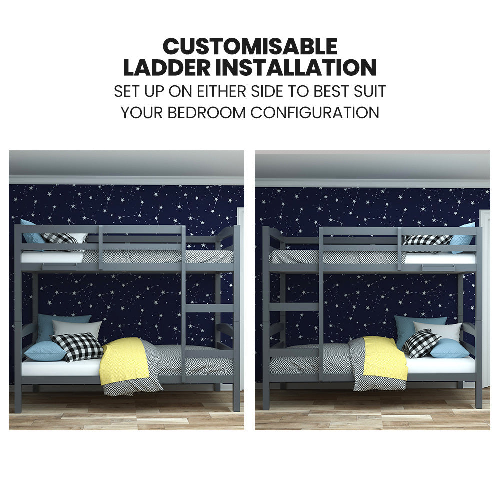 KINGSTON SLUMBER Single Bunk Bed Frame, Solid Pine 2-in-1 Modular Design, Converts to 2 Single Beds, For Kids, Grey