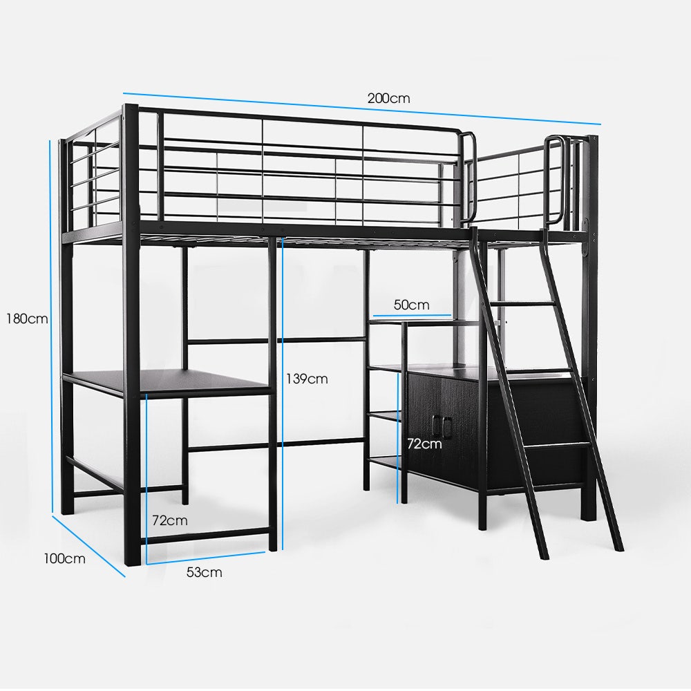 Gaming Loft Bed with Desk and Storage Cabinet, Steel Metal Frame, Space Saving Design, for Single Mattress, Matte Dark Grey