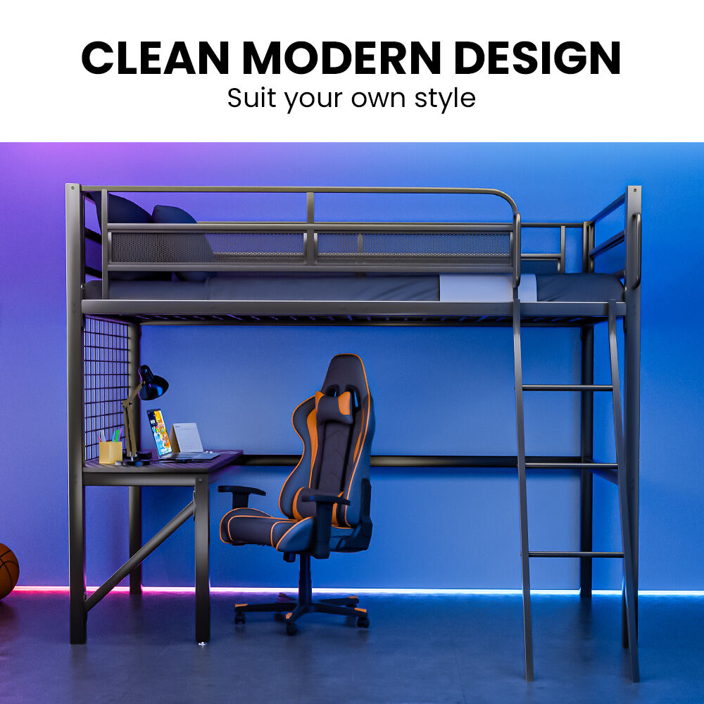 Gaming Loft Bed with Desk, Gridwall, Steel Metal Frame, Space Saving Design, for Single Mattress, Matte Dark Grey