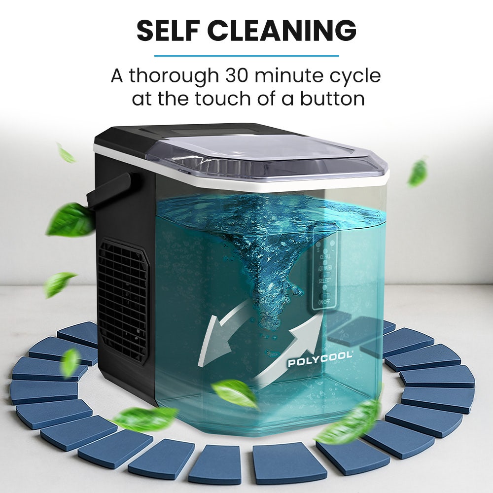 POLYCOOL Portable Ice Maker Machine, Automatic, 12kg/day, Auto Clean, with Scoop and Removable Basket, Black