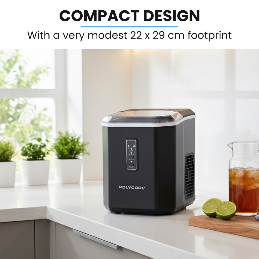 POLYCOOL Portable Ice Maker Machine, Automatic, 12kg/day, Auto Clean, with Scoop and Removable Basket, Black
