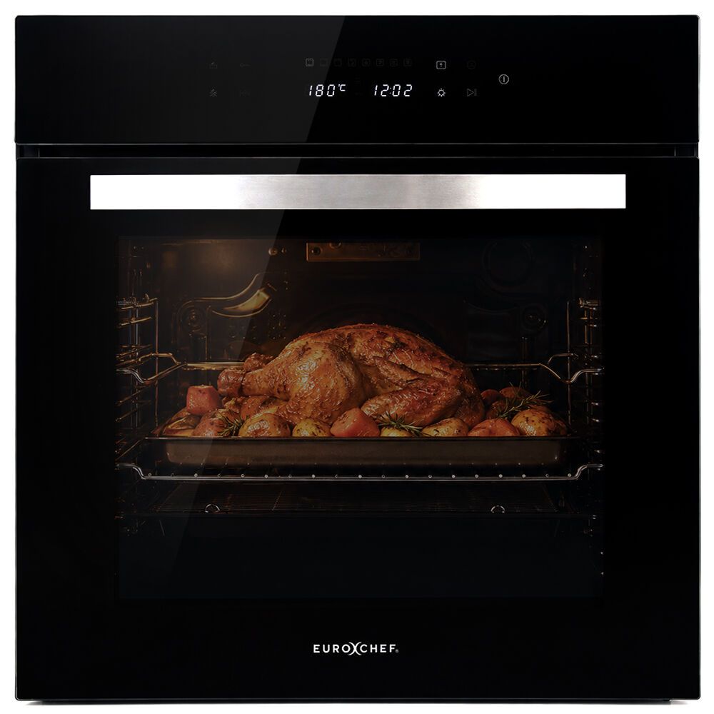 EUROCHEF 60cm 10 Function Built-In Electric Wall Oven, 80L Air Fryer Water Clean Fan Forced Pizza Grill Defrost 250C Black Triple-Glazed