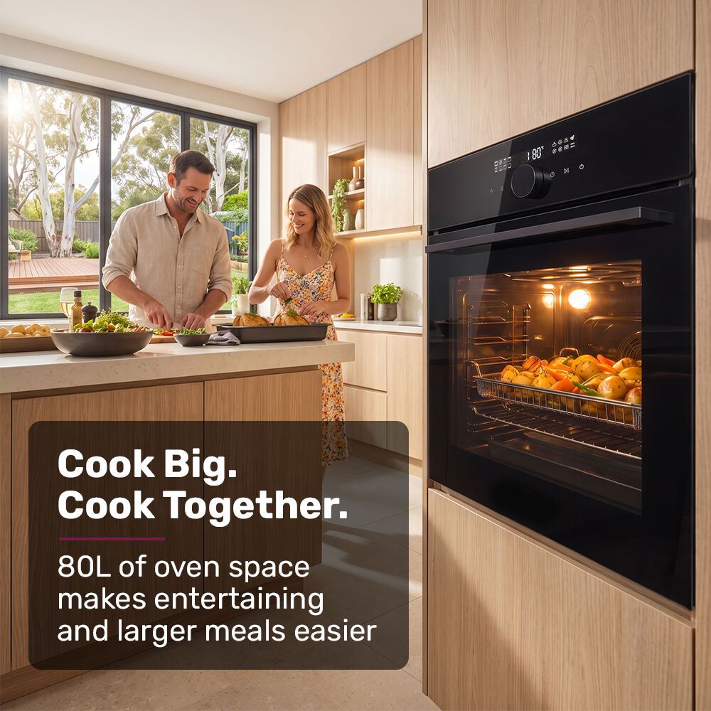 EUROCHEF 60cm Built-In Electric Oven, 80L, Water Clean, Air Fryer, 16 Functions, Triple-Glazed Door, Black, 15A Plug, Black