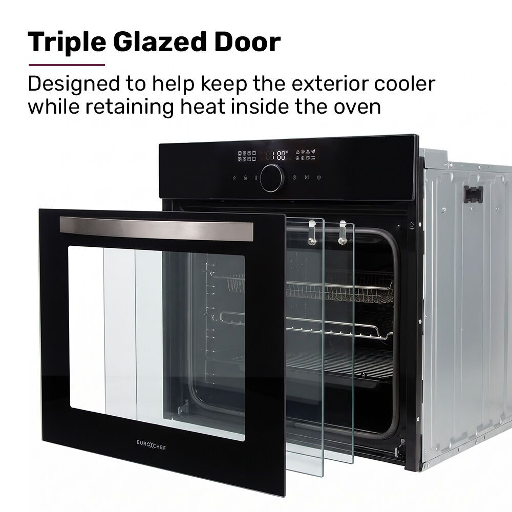 EUROCHEF 60cm Built-In Electric Oven, 80L, Water Clean, Air Fryer, 16 Functions, Triple-Glazed Door, Black, 15A Plug, Black