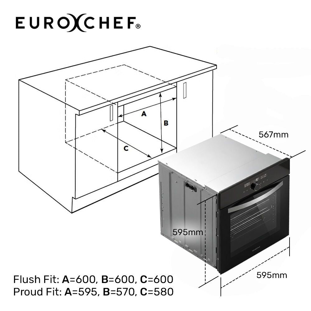 EUROCHEF 60cm Built-In Electric Oven, 80L, Water Clean, Air Fryer, 16 Functions, Triple-Glazed Door, Black, 15A Plug, Black