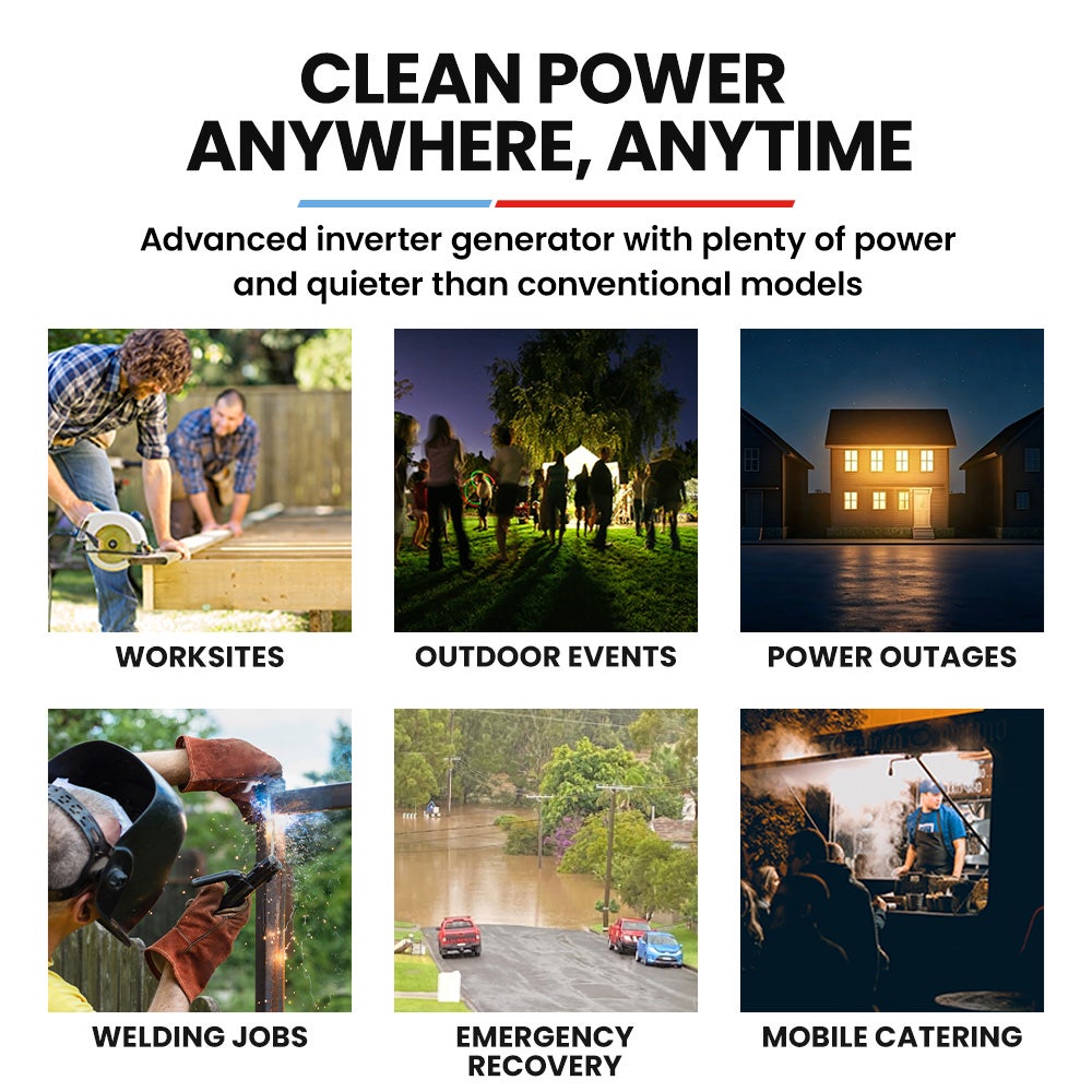 GENPOWER 6.2kW Peak 6.0kW Inverter Generator, Push Button & Remote Start, 15L Tank, Portable w/ Wheels, Camping, Backup