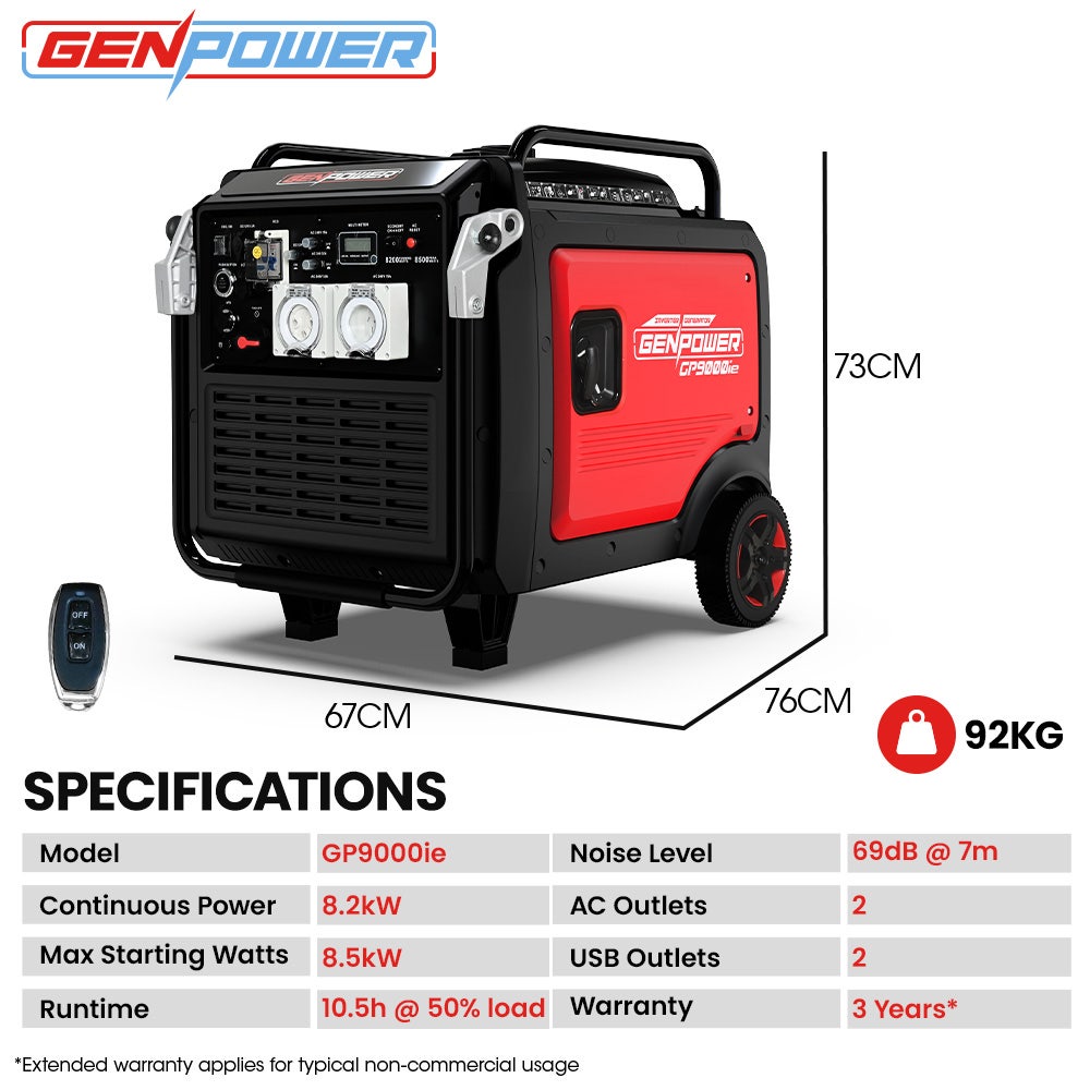 GENPOWER 8.5kW Peak 8.2kW Inverter Generator, Push Button & Remote Start, ATS Compatible, RCD, Portable w/ Wheels, 27L Fuel Tank, Grid Power Home Backup